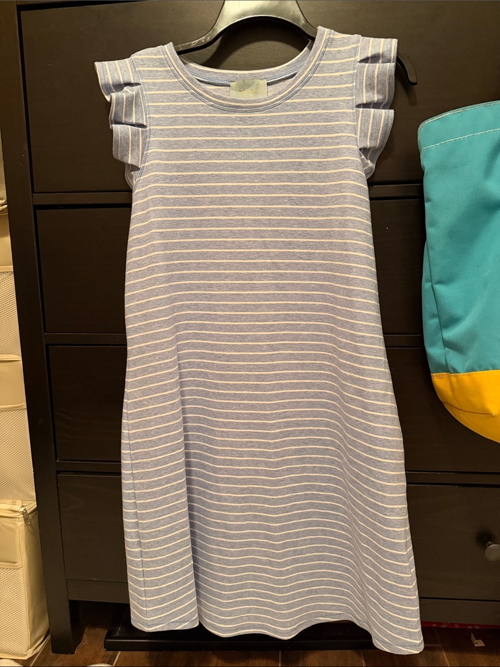 Light Blue & White Striped Ruffle Sleeve Dress